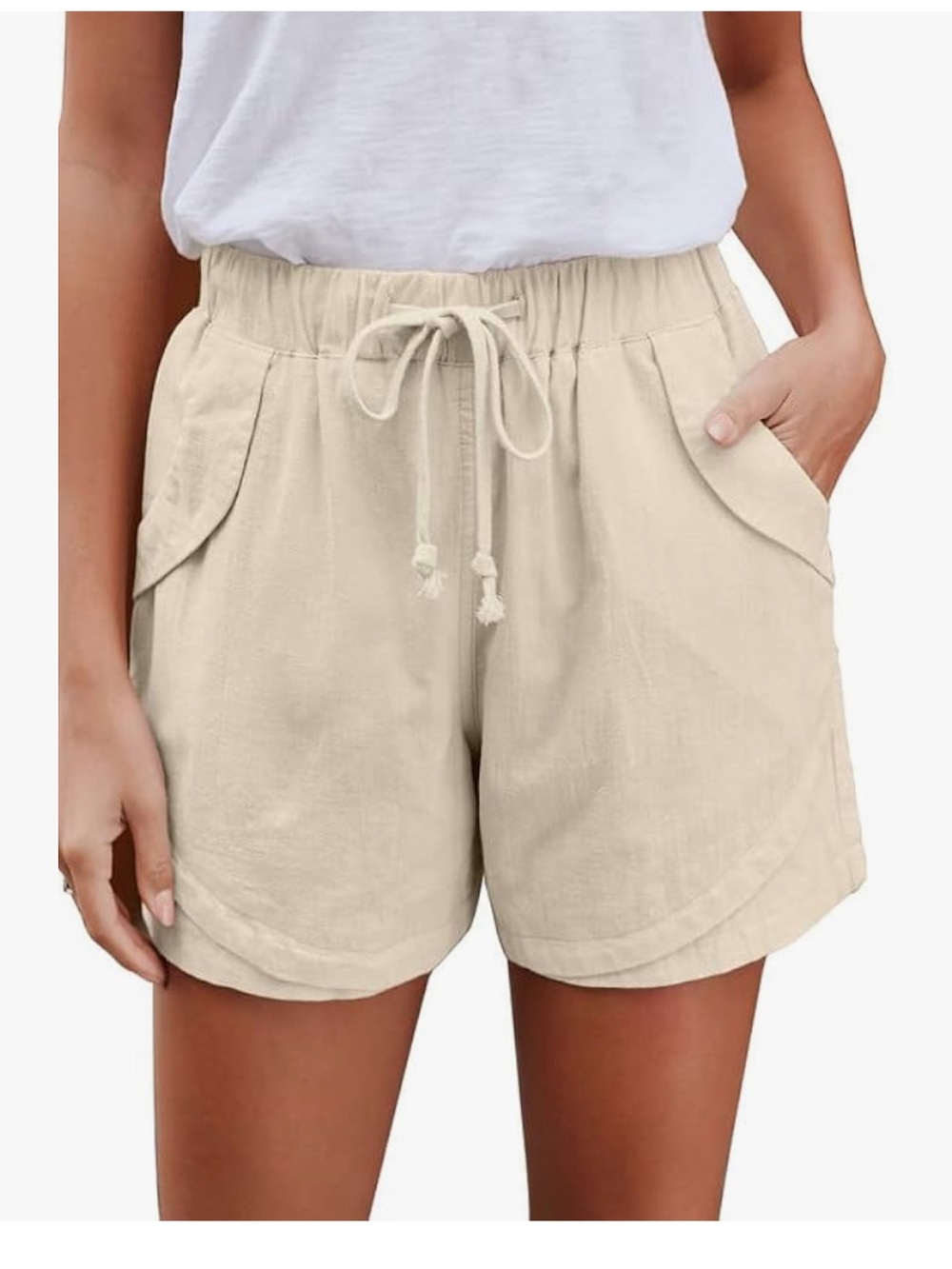 Beige Drawstring Linen Blend Women's Shorts